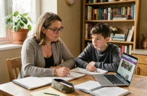 Mère accompagnant son enfant dans ses devoirs à la maison avec un ordinateur portable et des cahiers ouverts sur la table