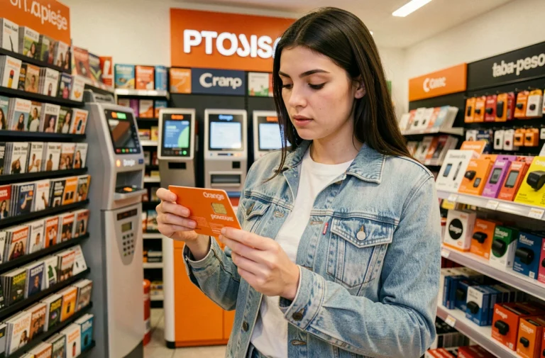 Femme achetant une carte prépayée Orange dans un bureau de tabac en France