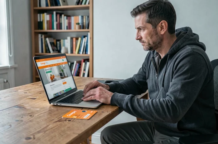 Homem comprando um cartão pré-pago Orange online de sua casa