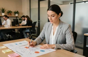 Femme professionnelle analysant la structure d'un plan de site sur des diagrammes imprimés dans un bureau moderne