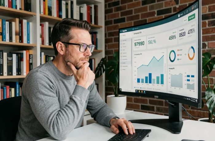 Entrepreneur analysant un tableau de bord de marketing digital avec des métriques de performance dans un bureau à domicile