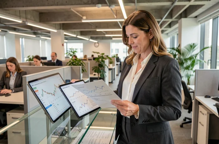 Analyste financière étudiant les performances du BX4 en bourse dans un bureau professionnel
