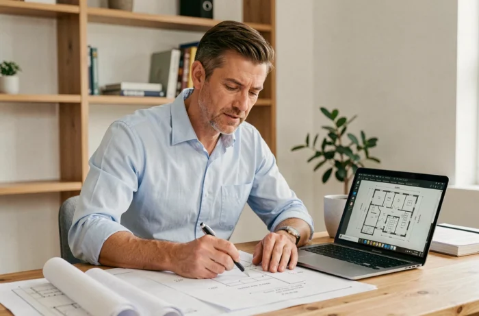 Architect examining construction plans including a garage to calculate the development tax