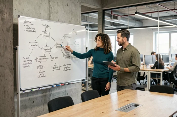 Two SEO professionals collaborating in front of a whiteboard with a hand-drawn website structure map