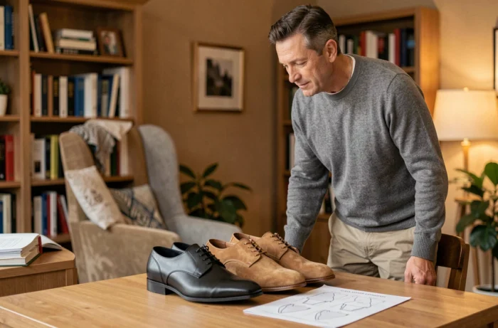 Uomo che confronta due paia di scarpe eleganti al suo ufficio per scegliere la giusta misura secondo una guida alle taglie