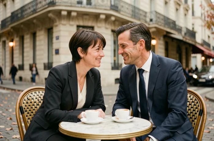 Couple élégant partageant un moment complice à la terrasse d'un café parisien en automne