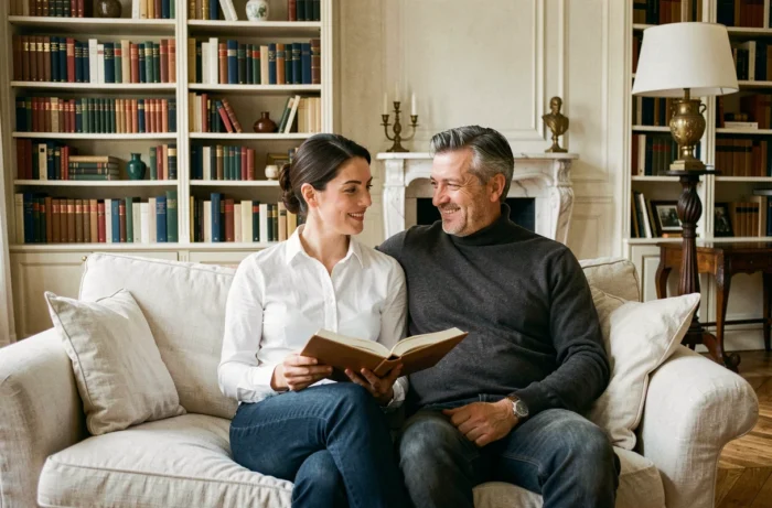 Cultuurminnend koppel in een verfijnd Parijse appartement, intellectuele en intieme sfeer