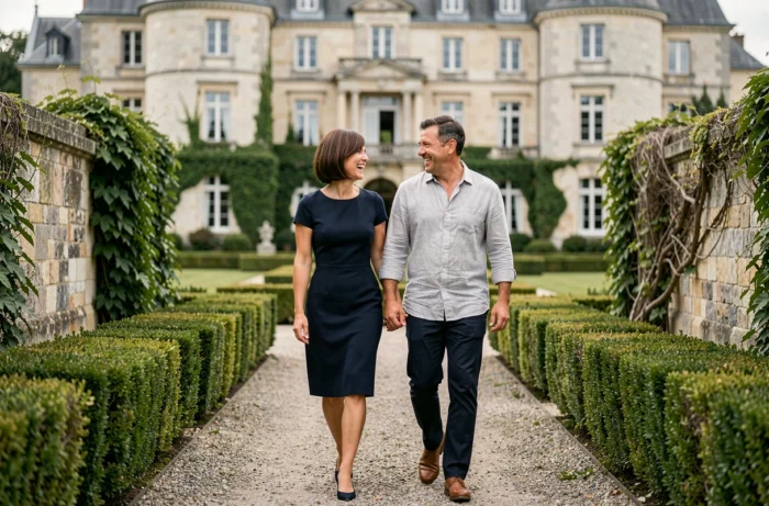 Koppel wandelt in een Franse kasteel tuin met klassieke architectuur op de achtergrond