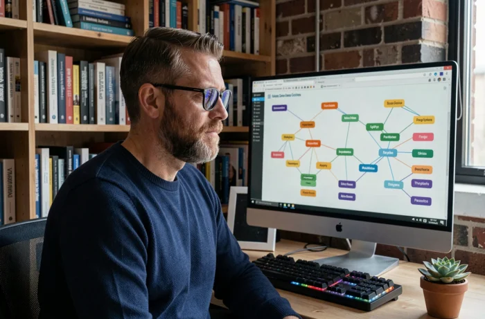 Web developer consulting a hierarchical sitemap diagram on a large computer screen in a home office