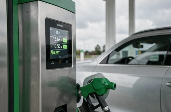 Gros plan sur l'écran d'une pompe à hydrogène affichant le coût du plein en euros