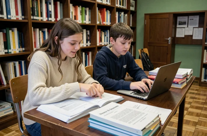 Dois alunos trabalhando juntos em um projeto escolar em uma biblioteca institucional suíça cercados de livros e documentos