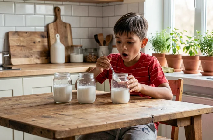 Boy conducting a scientific experiment with baking soda in a family kitchen, a fun and educational activity for curious children