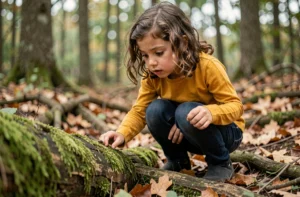 Petite fille aux cheveux bouclés observant un insecte sur un tronc moussu en forêt, activité d'éveil à la nature pour enfants