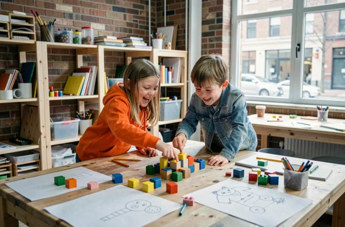 Two children laughing while building a creative project together with craft materials in a school workshop