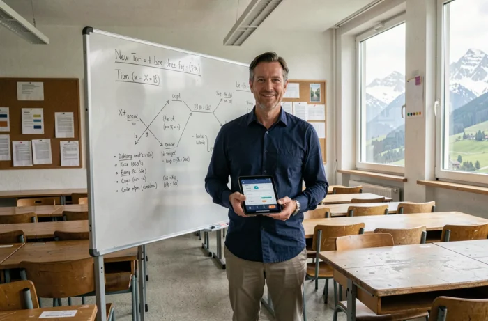 Professor suíço apresentando uma plataforma educacional digital em uma sala de aula com quadro branco e paisagem alpina ao fundo