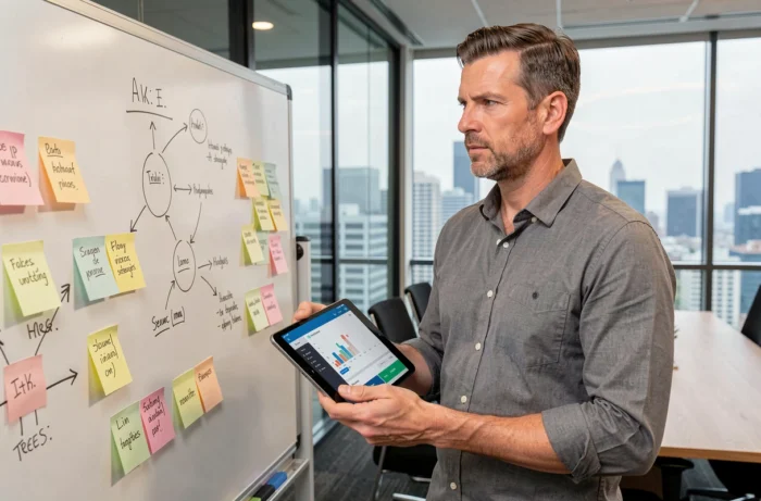 Empreendedor analisando uma plataforma de gestão de empresa diante de um quadro branco de estratégia em sala de reunião