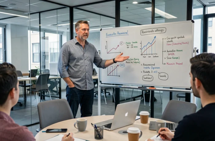 Entrepreneur presenting their business plan on a whiteboard during a mentoring session in a startup incubator