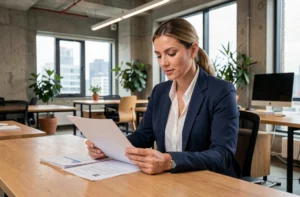 Entrepreneuse analysant des documents stratégiques dans un espace de coworking moderne pour réussir son projet professionnel