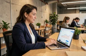 Entrepreneuse concentrée sur une plateforme numérique dédiée aux entrepreneurs dans un espace de coworking moderne