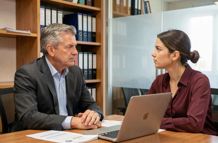 An HR manager in a serious meeting with an employee to address a case of disrespectful behavior at work