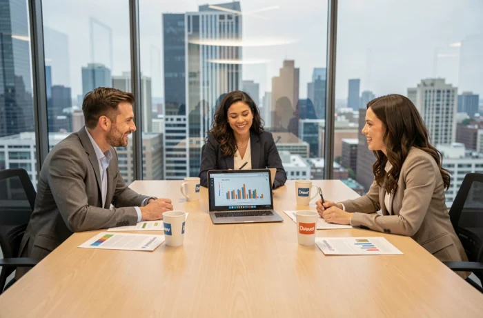 Équipe marketing collaborant autour d'une table de réunion avec des rapports et des graphiques de données