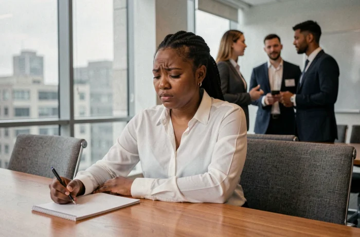 A woman isolated during a professional meeting, ignored by her colleagues, symbolizing exclusion and lack of respect at work