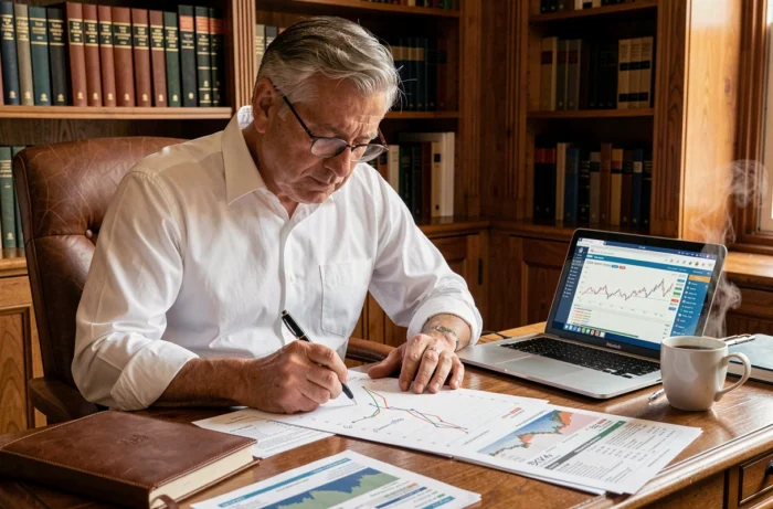 Expert boursier senior annotant une stratégie d'investissement sur le BX4 dans un bureau traditionnel