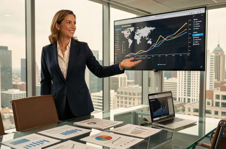 Femme d'affaires présentant des indicateurs économiques lors d'une réunion avec partenaires et investisseurs locaux