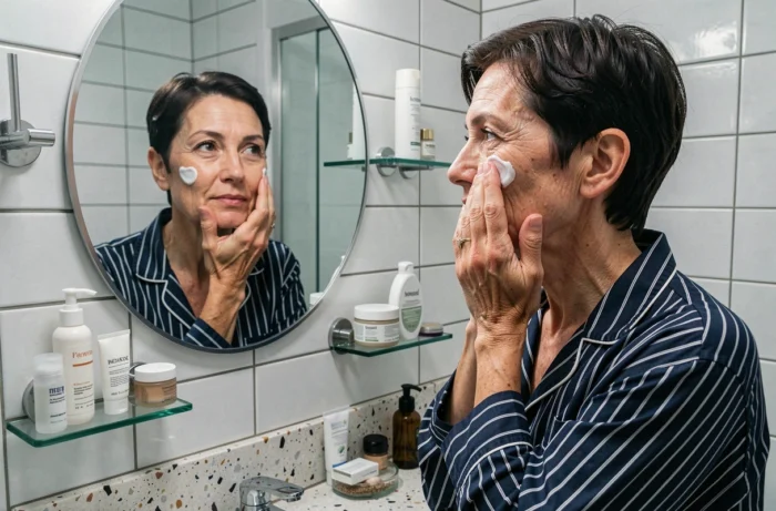 Reife Frau, die in einem städtischen Badezimmer vor einem Spiegel eine Feuchtigkeitscreme aufträgt, tägliche Anti-Aging-Gesichtspflege