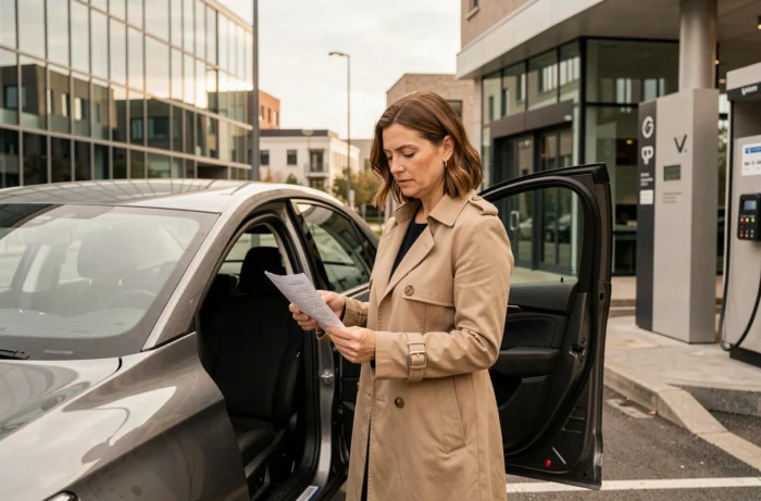 Femme consultant le reçu après un plein d'hydrogène à côté de sa voiture à pile à combustible