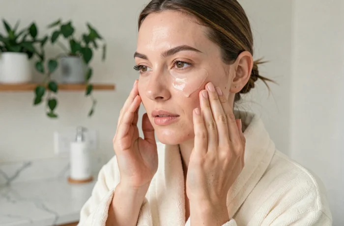 Femme appliquant un sérum sur son visage dans une salle de bain moderne, routine beauté quotidienne pour une peau éclatante