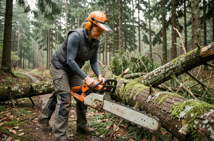 Woman equipped with protective gear using an electric chainsaw in the forest to prune a fallen tree