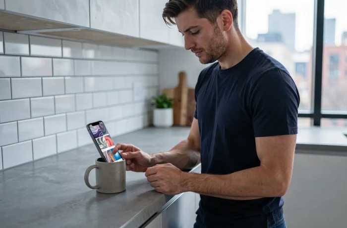 Man browsing artistic wallpapers on his iPhone in a modern kitchen