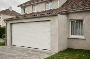 Garage attenant à une maison individuelle en France, vue extérieure depuis la rue avec allée pavée