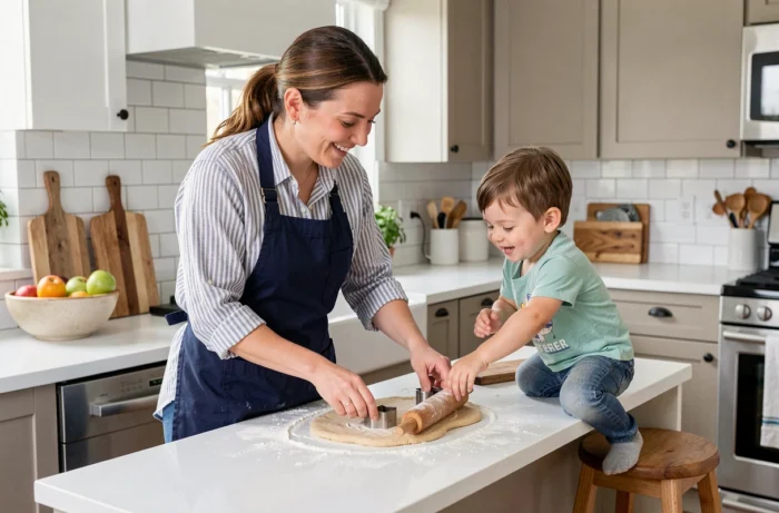 Nanny and child preparing cookies together in a modern family kitchen