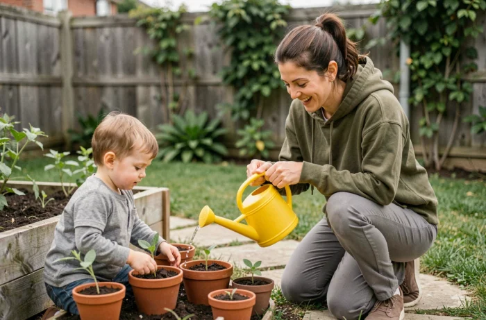 Nanny helping a child water plants in a peaceful residential garden