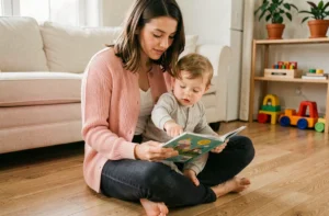 Jeune garde d'enfants à domicile lisant un livre illustré avec un tout-petit sur ses genoux dans un salon chaleureux