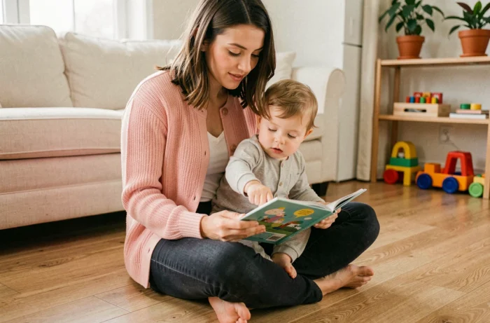 Jeune garde d'enfants à domicile lisant un livre illustré avec un tout-petit sur ses genoux dans un salon chaleureux