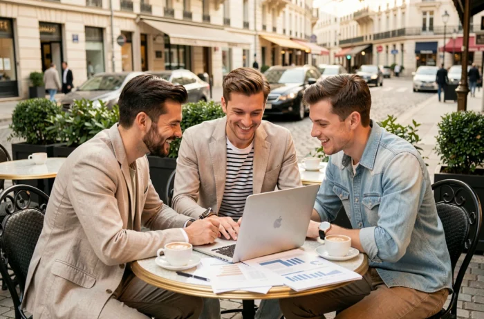 Grupo de empreendedores colaborando em torno de uma plataforma dedicada às empresas em uma varanda de café parisiense