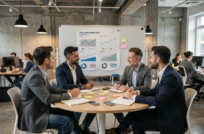 Gruppo di professionisti che studiano indicatori economici locali per attrarre investitori in uno spazio di coworking