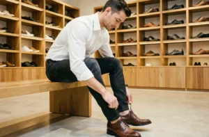 Homme essayant une chaussure Oxford en cuir marron dans un magasin de chaussures moderne pour trouver la bonne pointure