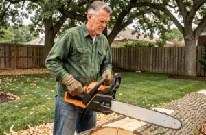 Homme utilisant une tronçonneuse électrique Oregon CS1400 pour couper des bûches dans un jardin