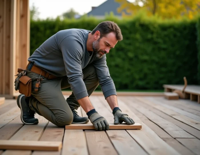 Homem instalando lâminas de deck em madeira composta em um jardim durante obras externas