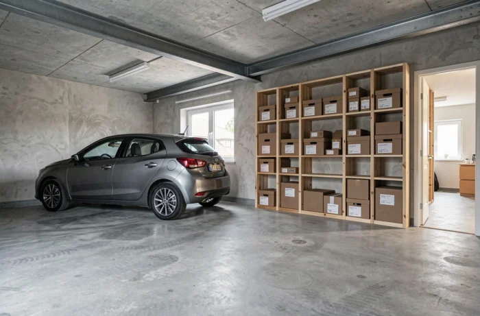 Interior of a residential garage converted with storage and parked car, illustrating the taxable area