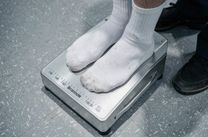 Misura della misura uomo con uno strumento Brannock professionale in un negozio di scarpe