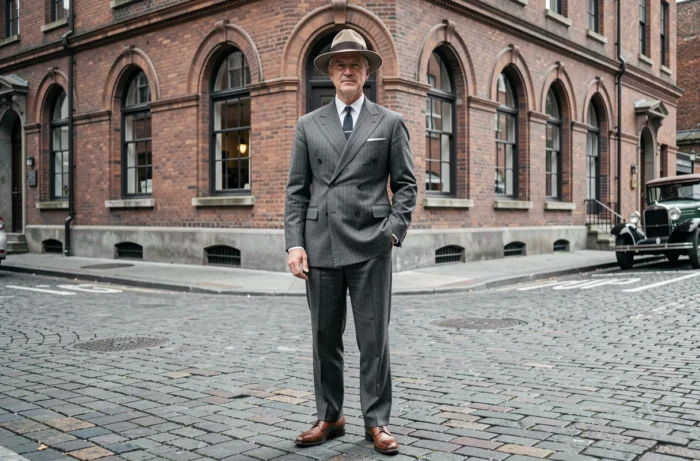 Homem em terno de três peças listrado e chapéu fedora estilo anos 1930 em uma rua pavimentada com decoração urbana vintage