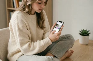 Jeune femme personnalisant le fond d'écran de son iPhone dans un bureau minimaliste