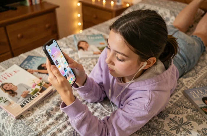 Teen customizing the widgets and wallpaper of her iPhone in her room