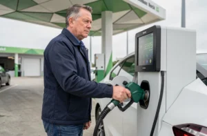Homme faisant le plein d'hydrogène à une station avec affichage du prix sur la pompe