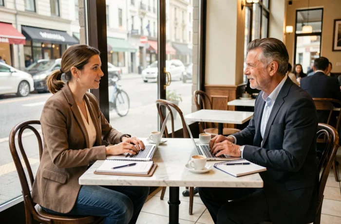 Two entrepreneurs discussing professional development strategies over coffee in an informal city workspace